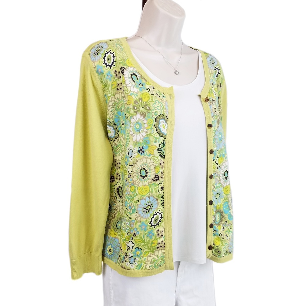 Sigrid Olsen cardigan silk panels floral green L